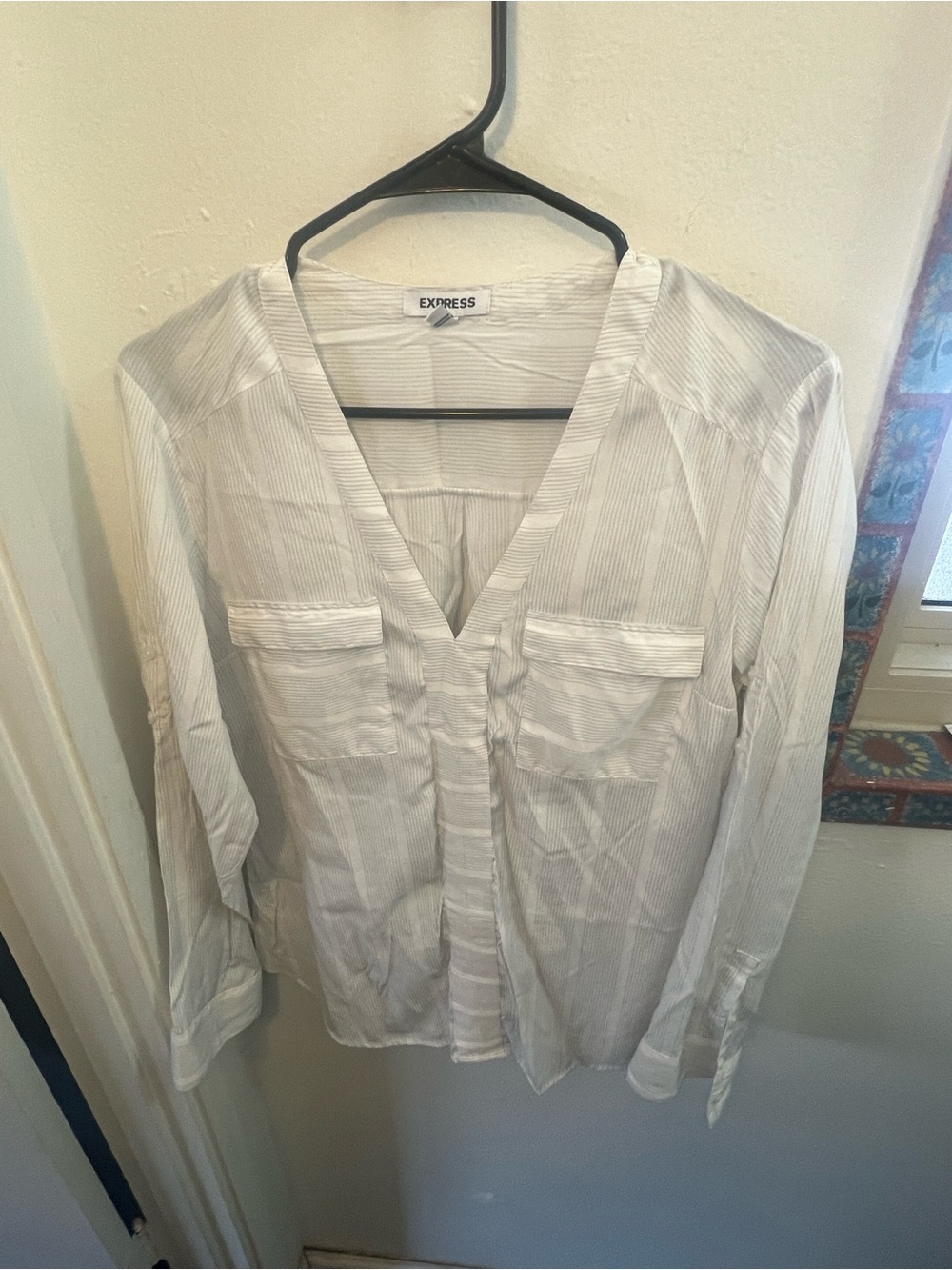 Express White Striped V-Neck Button-Front Blouse